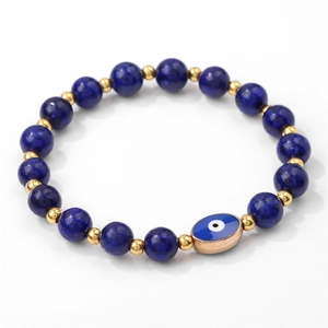 Pulsera elástica de cuentas de ágata azul con ojo turco y cuentas doradas en blanco