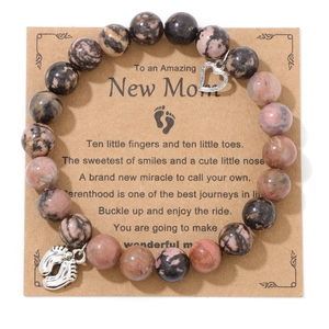 Blue-purple imperial stone beaded bracelet with heart and baby foot charms for new moms