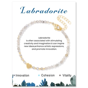 Detail of 3mm labradorite beaded bracelet with gold heart charm and extension chain