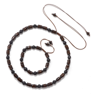 Men Wood Bead Lava Stone Bracelet And Necklace Handmade Ethnic Braided Cord Adjustable Jewelry Retro Daily Accessory