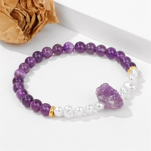 Handgemaakte 6mm amethist armband met barokparel en natuurlijke ruwe steen