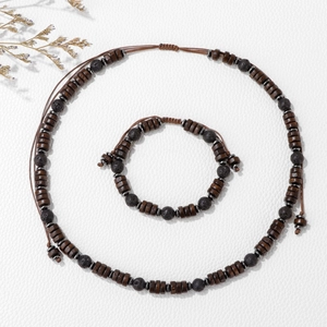 Men's natural wood bead and lava stone jewelry set with adjustable braided cord