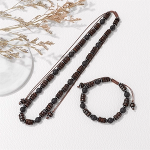 Mens necklace and bracelet set with wooden beads and black volcanic stone accents