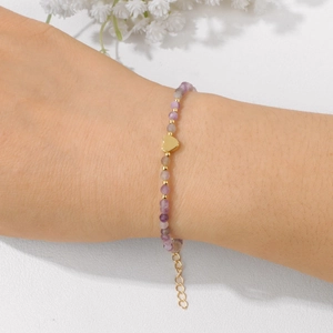18k gold plated bracelet featuring 3mm purple amethyst faceted beads and a heart charm