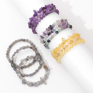 Detailed set of natural amethyst, fluorite and labradorite crystal bead bracelets