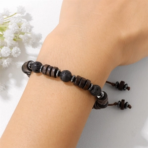 Men's natural wood beads and black lava rock bracelet with adjustable woven cord