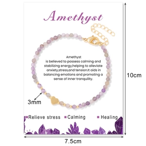 Natural 3mm faceted amethyst bead bracelet with 18k gold heart charm and adjustable chain
