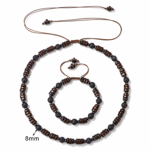 Detail of 8mm lava rock and wood beads on woven necklace and bracelet set