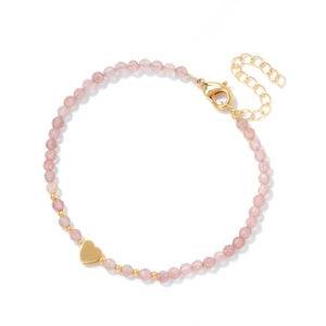 Faceted pink natural crystal bead bracelet with a 18k gold heart charm and adjustable chain