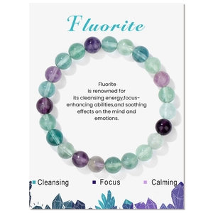 Handgefertigtes 8mm Natur-Fluorit-Armband mit violetten und grünen Kristallperlen für Damen