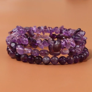 Three-piece set of natural amethyst bracelets with round beads and irregular stone chips
