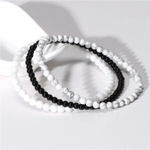 Detailed set of three 4mm beaded bracelets featuring black agate and white turquoise stones