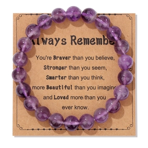 Detail of 8mm amethyst beads on gift card for teacher appreciation and graduation gift