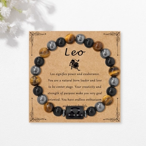Bracciale 8mm Leone in occhio di tigre e onice nero con carta significato zodiacale