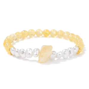 Handmade 6mm yellow citrine and baroque pearl elastic bracelet with natural stone
