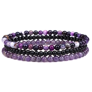 4mm natural amethyst and agate stretch bead bracelet set for women with polished finish
