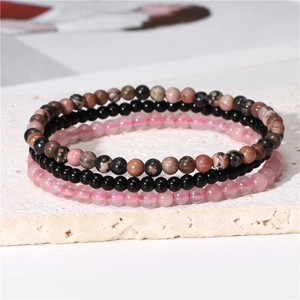 Set of 3 stretch bracelets with 4mm natural amethyst, black agate and pink quartz beads