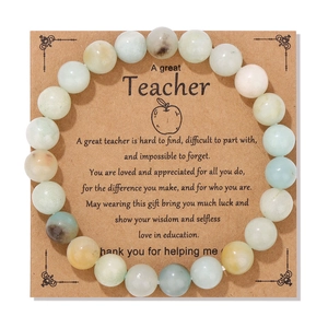 Natural 8mm stone bead bracelet for teacher gift on kraft card with apple graphic