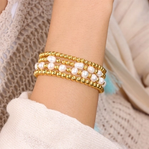 Ensemble de bracelets extensibles en perles d'eau douce 6mm et perles dorées pour femme