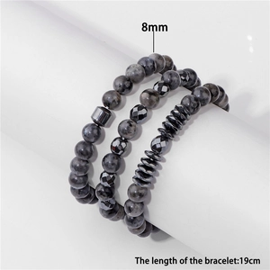 Drelagiges 8mm Naturstein- und Hämatit-Perlenarmband für Herren, 19cm Länge, Set-Design