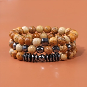 Herren Dreilagiges Naturstein Perlenarmband Set Bildjaspis Hämatit Labradorit Elastische Handkette Schmuck