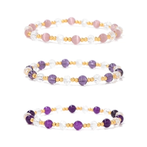 Bohemian Crystal Beaded Bracelet Trio For Women Amethyst Rose Quartz Citrine Elastic Bangle Fashion Jewelry Handmade Gift