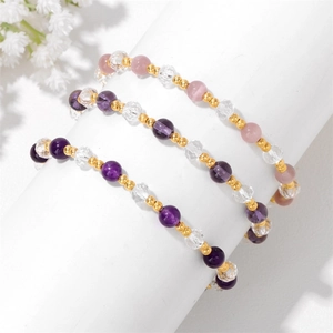 Three-piece purple amethyst and pink quartz beaded stretch bracelet set with gold spacers