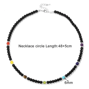 Detail of 6mm black agate beads and colorful seven chakra stones with lobster clasp