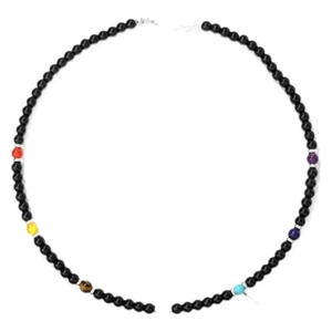 Elegant black agate bead necklace with colorful seven chakra gemstones on white background