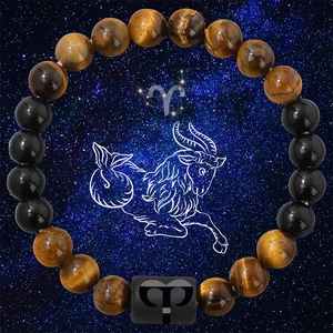 Bracelet en perles d'œil de tigre et onyx noir avec charme du zodiaque du Bélier