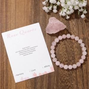 Pulsera de cuarzo rosa natural 8mm con piedra en bruto y tarjeta de propiedades