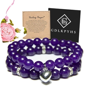 Natur Amethyst Kristallperlen Armband Doppellagig Heilung Gebet Herzanhänger Elastisches Armband Für Damen Schmuck Geschenk Mit Karte