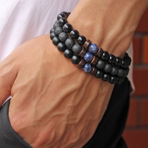 Set di 3 bracciali da uomo in pietra vulcanica e legno con perle blu effetto marmo