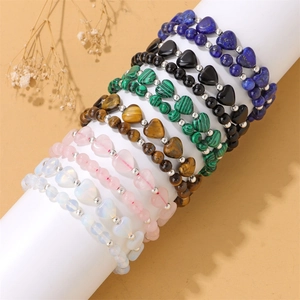 Set aus Tigerauge- und Kristall-Perlenarmbändern mit Herzanhänger für Damen und Paare