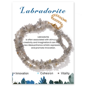 Macro shot of irregular grey labradorite chips necklace with golden lobster clasp and card