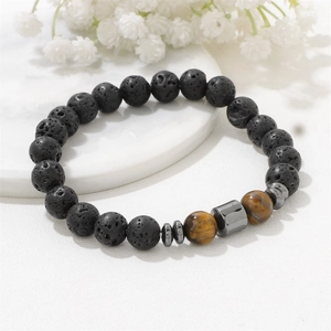 Pulsera para hombre de piedra de lava negra de 8mm y ojo de tigre con detalles metálicos