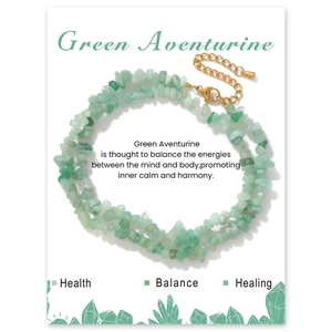 Detail of natural green aventurine crystal chip necklace with gold lobster clasp on display card