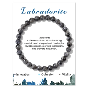 Macro detail of natural Labradorite gemstone beaded bracelet on an English meaning card