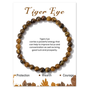 Macro detail of 8mm tiger eye bead bracelet displayed on a professional English description card