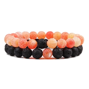 8mm Armband-Set aus orangem Drachenader-Achat und schwarzen Lavastein-Perlen
