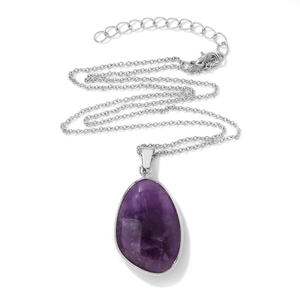 Macro detail of the purple amethyst teardrop pendant with adjustable stainless steel chain