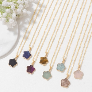 Collana a Catena a O in Acciaio Inossidabile per Donna Pendente a Forma di Fiore di Quadrifoglio in Ametista Naturale Placcato Oro