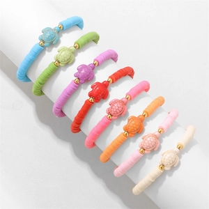 Set of 8 bohemian turtle bracelets with colorful heishi clay beads for beach summer style