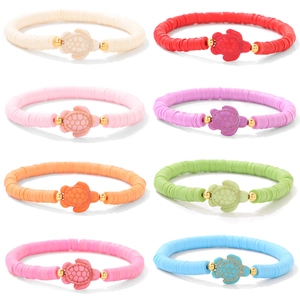 Bohemian Colorful Heishi Beads Turtle Bracelet For Women Summer Beach Dopamine Polymer Clay Stretch Bracelet Alloy Jewelry
