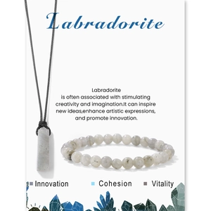 Λεπτομερής όψη του κολιέ με μενταγιόν λαμπραδορίτη και βραχιόλι με φυσικές πέτρες