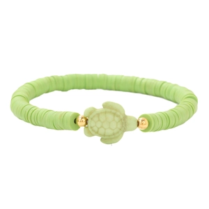 Bohemian light green turtle clay bead bracelet for summer beach fashion with gold accents