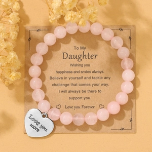 Pink zebra jasper stretch bracelet with engraved heart charm and message card for daughter