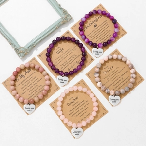 Elastic stone bead bracelet set with heart charms and greeting cards for family gifts
