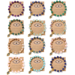 Bracelet en Perles d'Agate Pierre Naturelle Pendentif Main de Fatma Mauvais Œil Élastique Amulette Bohème Bijoux Femmes