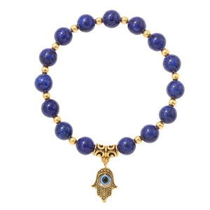 Bracelet en perles de pierre naturelle bleue avec main de Fatma dorée et œil porte-bonheur